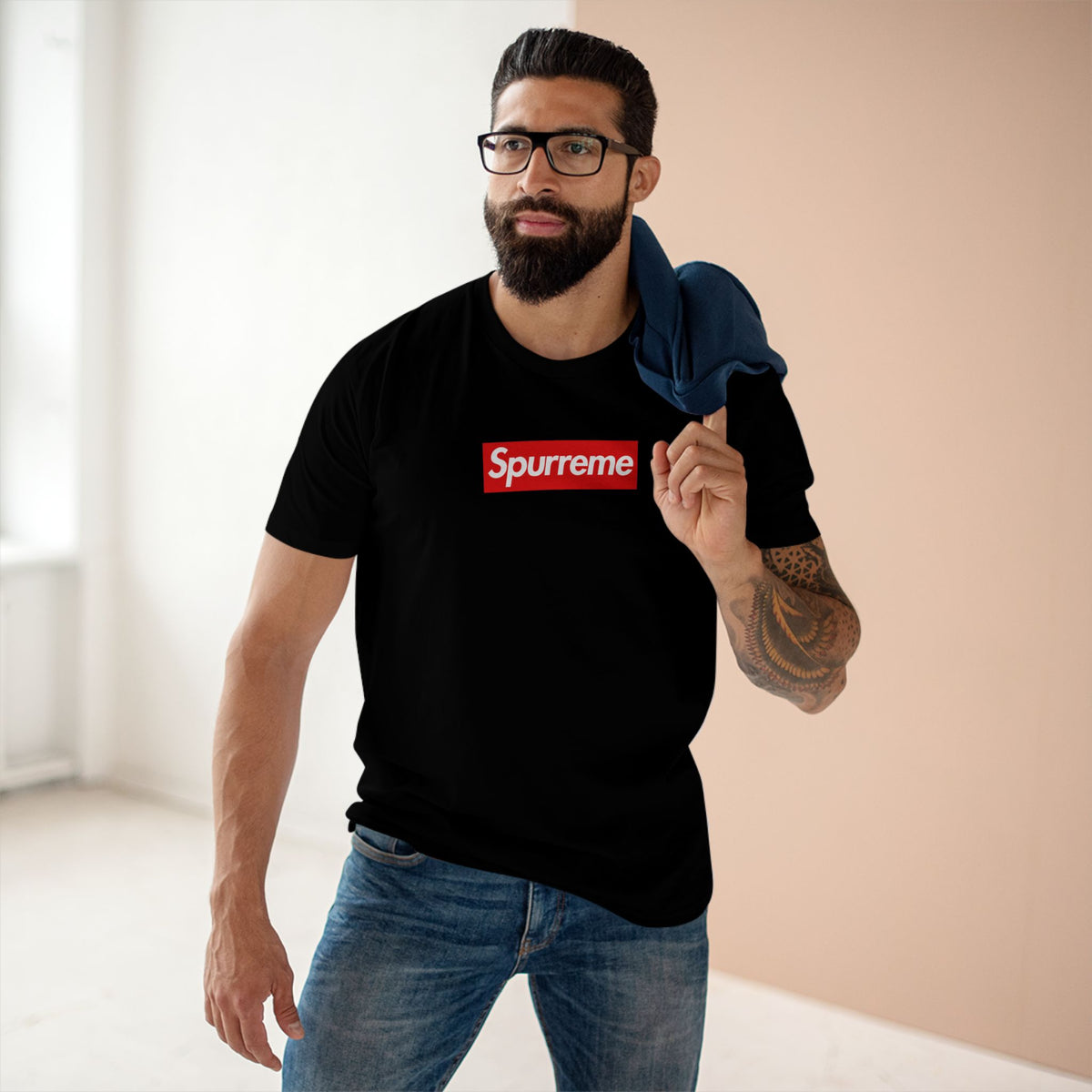 Spurreme Box Logo Designer Parody T-Shirt in black, worn by a male model