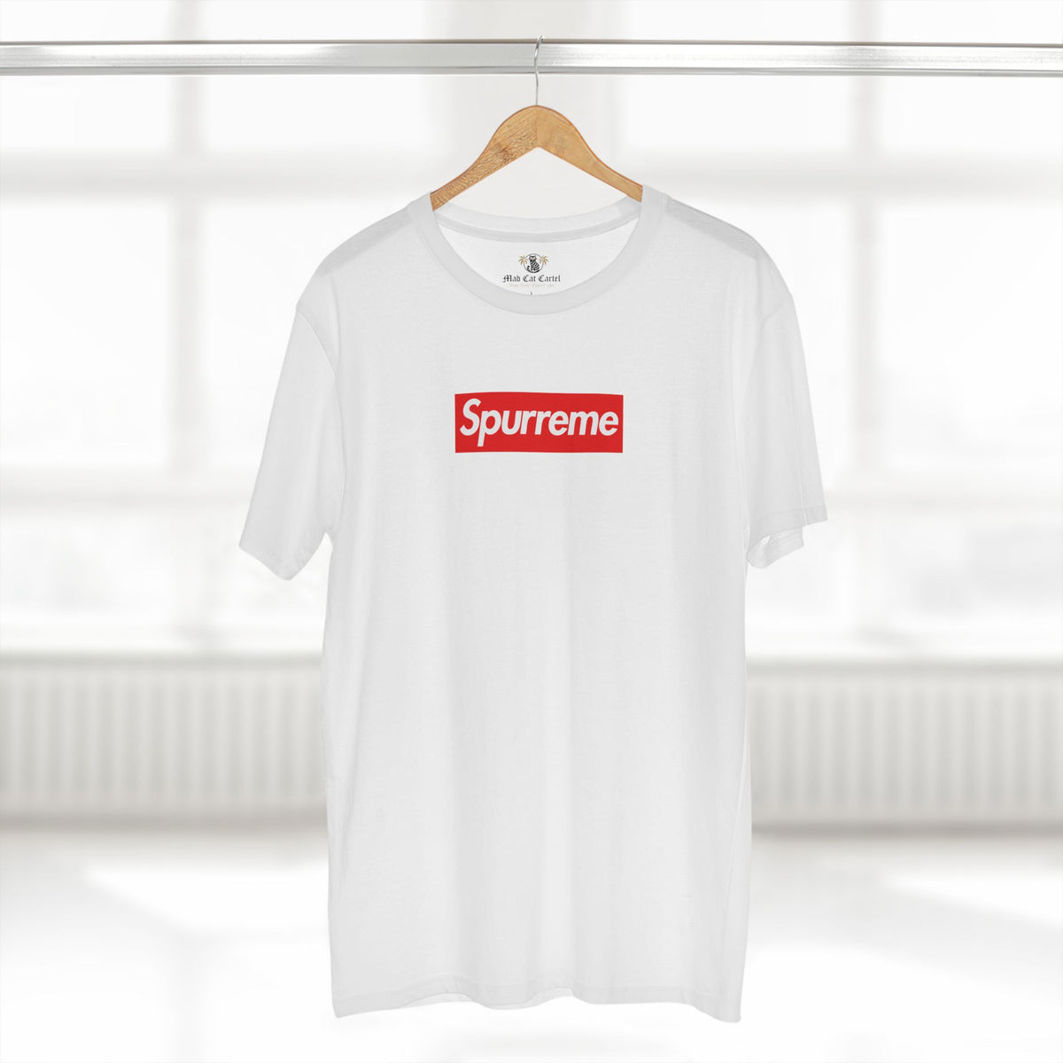 Spurreme Box Logo Designer Parody T-Shirt in white, on a hanger
