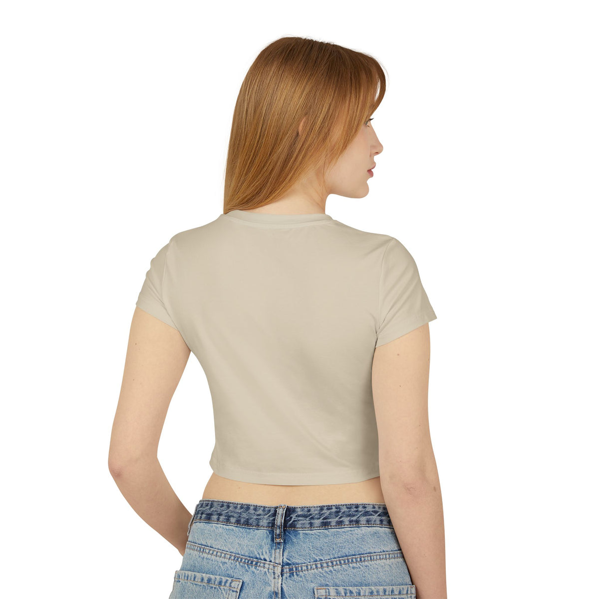 Spurreme Box Logo Dreaming Cat Graphic Women's Baby Tee in sand, back view on a female model