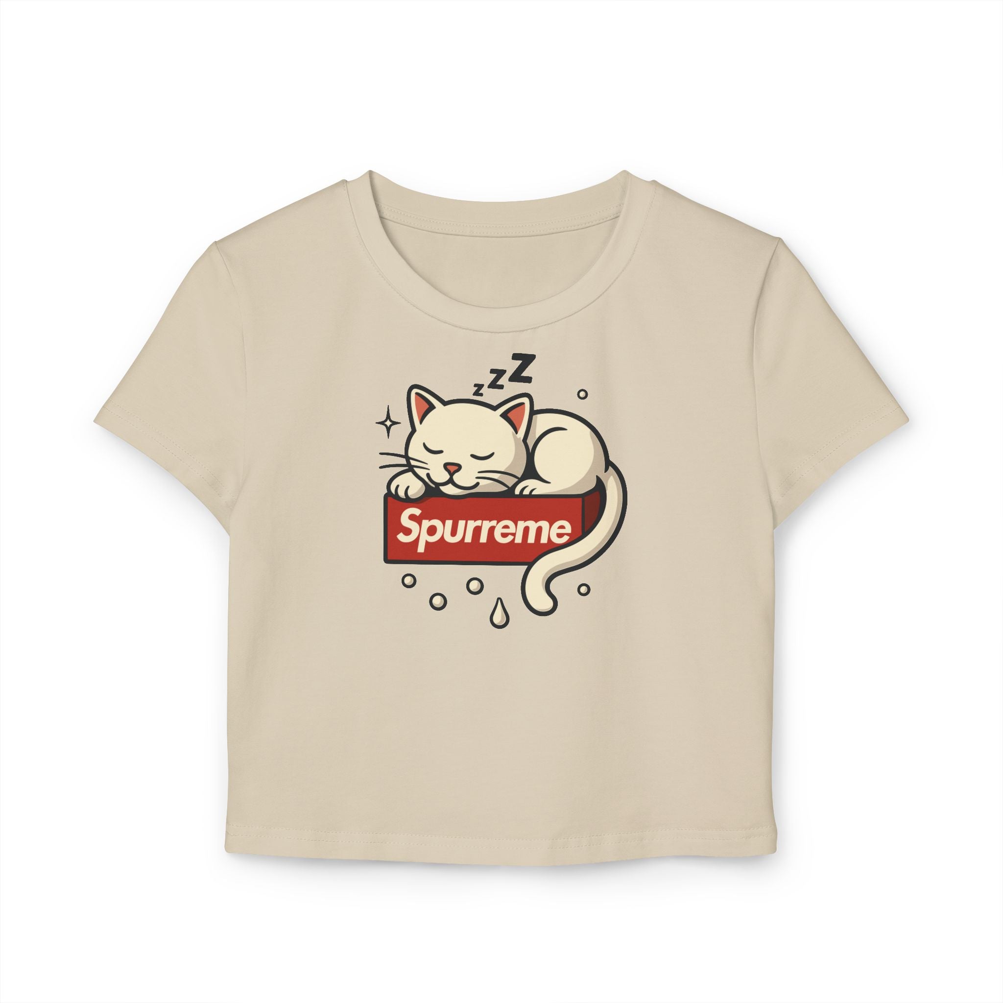 Spurreme Box Logo Dreaming Cat Graphic Women's Baby Tee in sand, front view