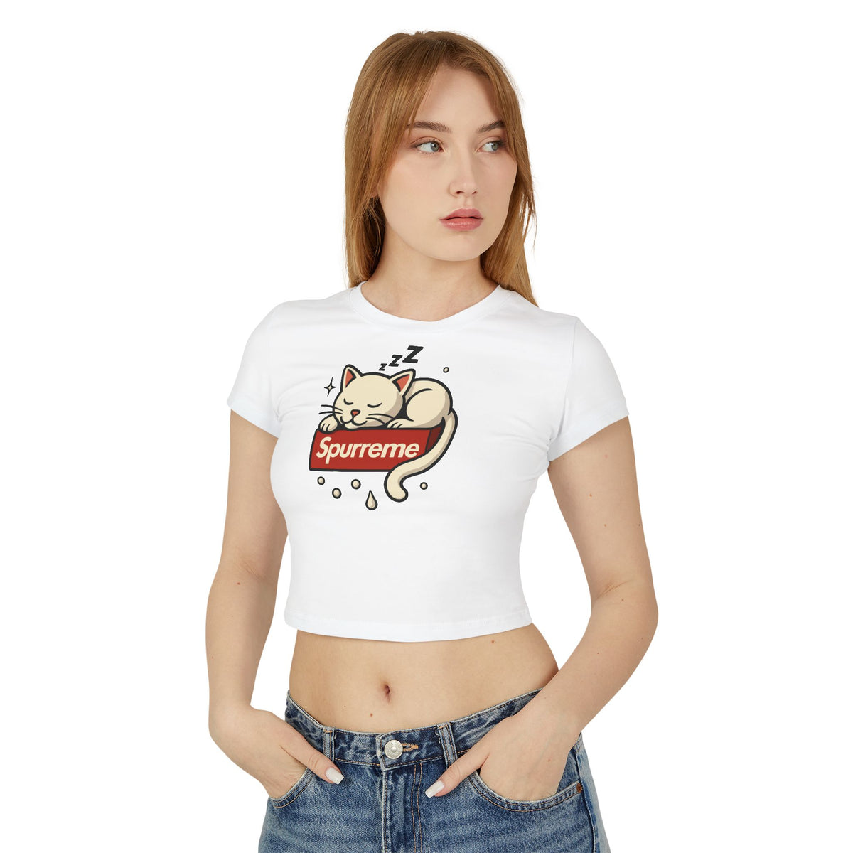 Spurreme Box Logo Dreaming Cat Graphic Women's Baby Tee in white, worn by a female model