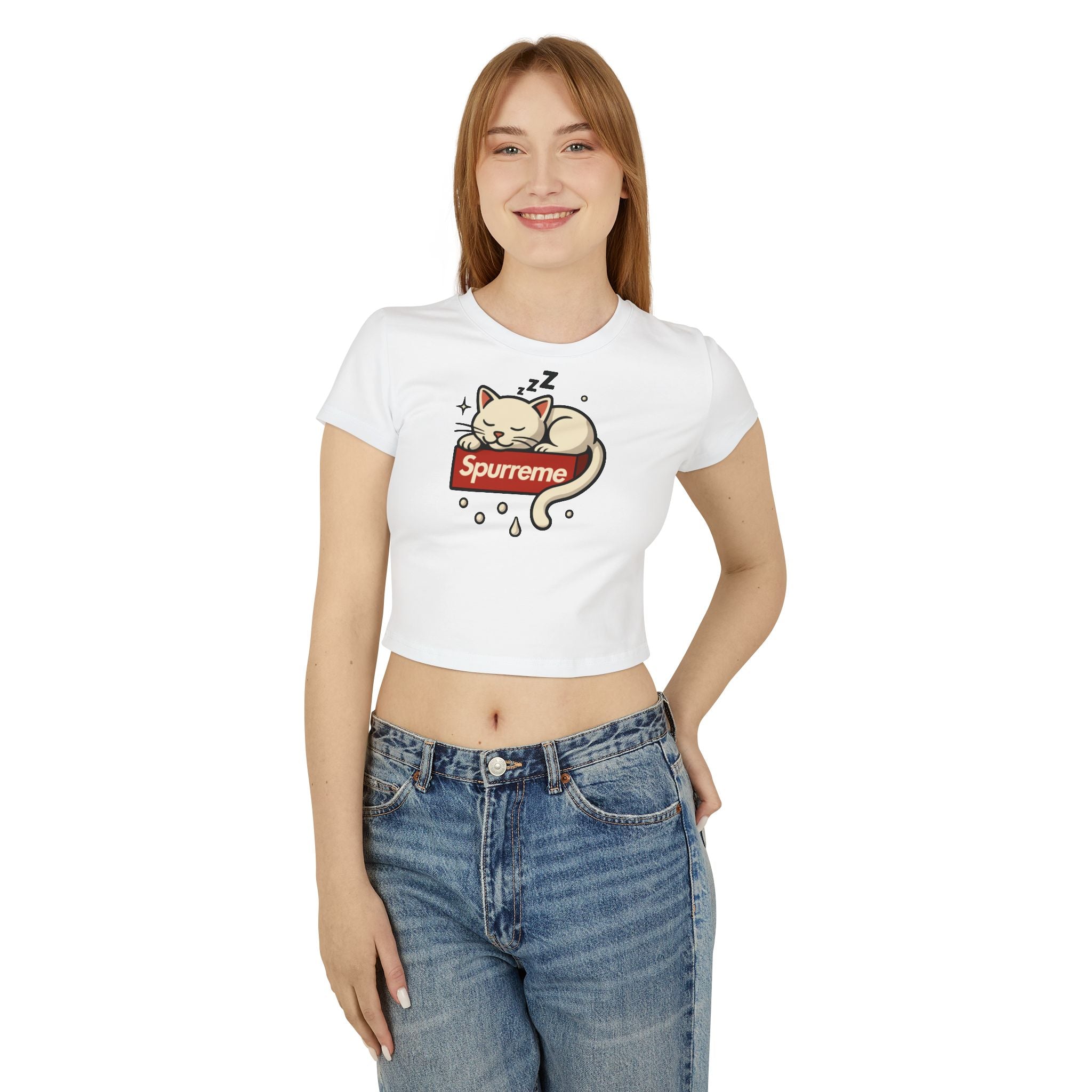 Spurreme Box Logo Dreaming Cat Graphic Women's Baby Tee in white, worn by a female model