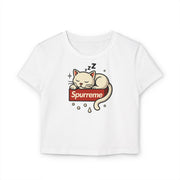 Spurreme Box Logo Dreaming Cat Graphic Women's Baby Tee in white, front view