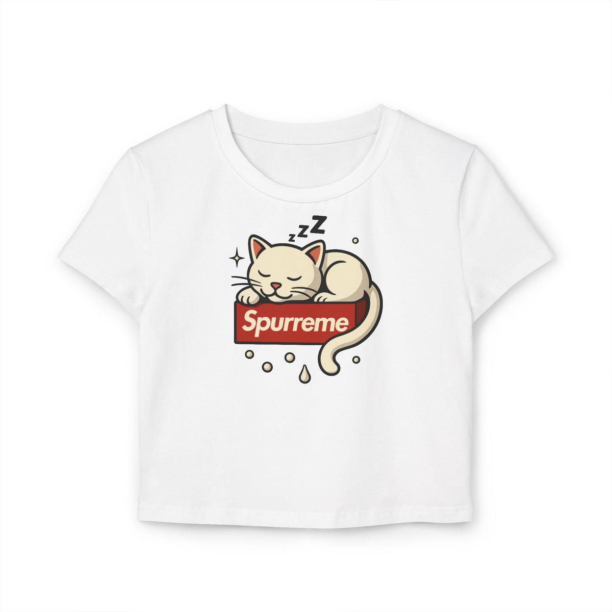 Spurreme Box Logo Dreaming Cat Graphic Women's Baby Tee in white, front view