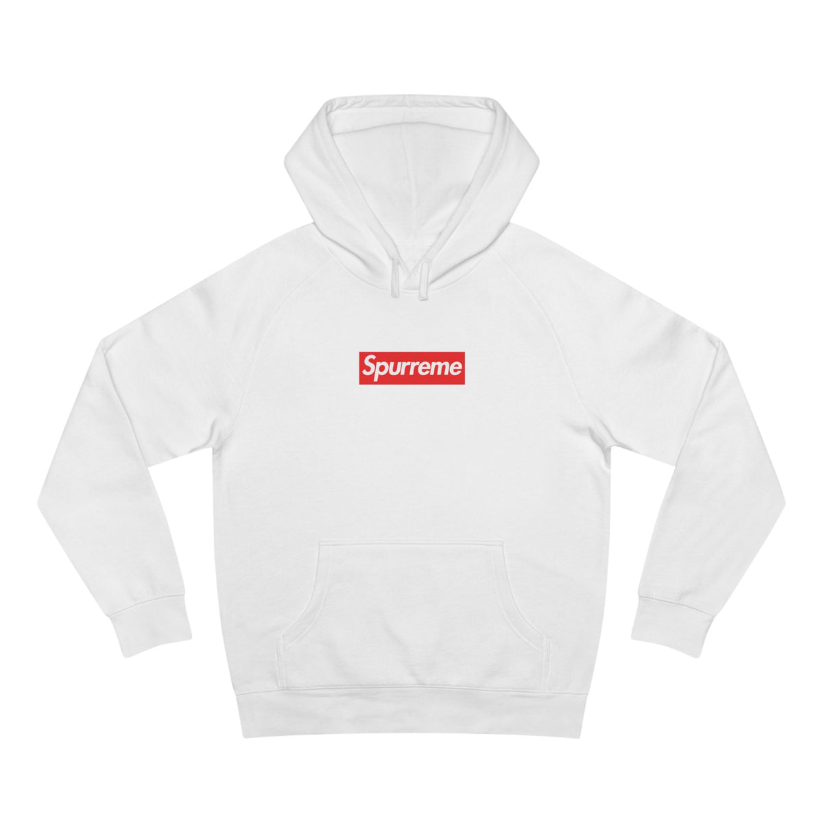 Spurreme Box Logo Parody Hoodie in white, front view