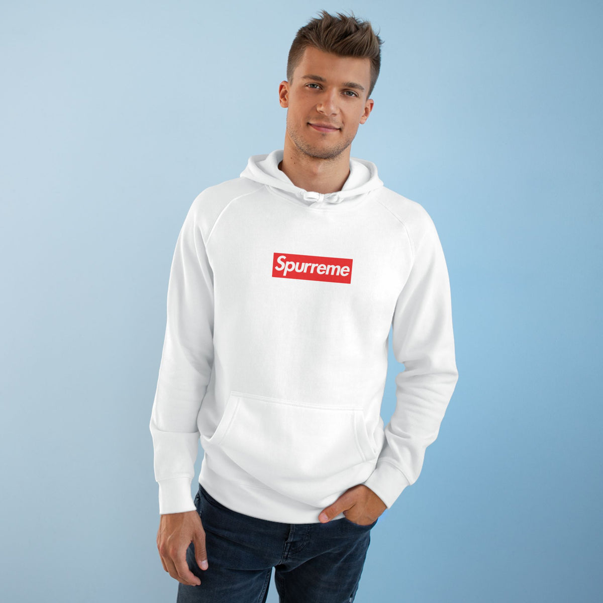 Spurreme Box Logo Parody Hoodie in white, worn by a male model