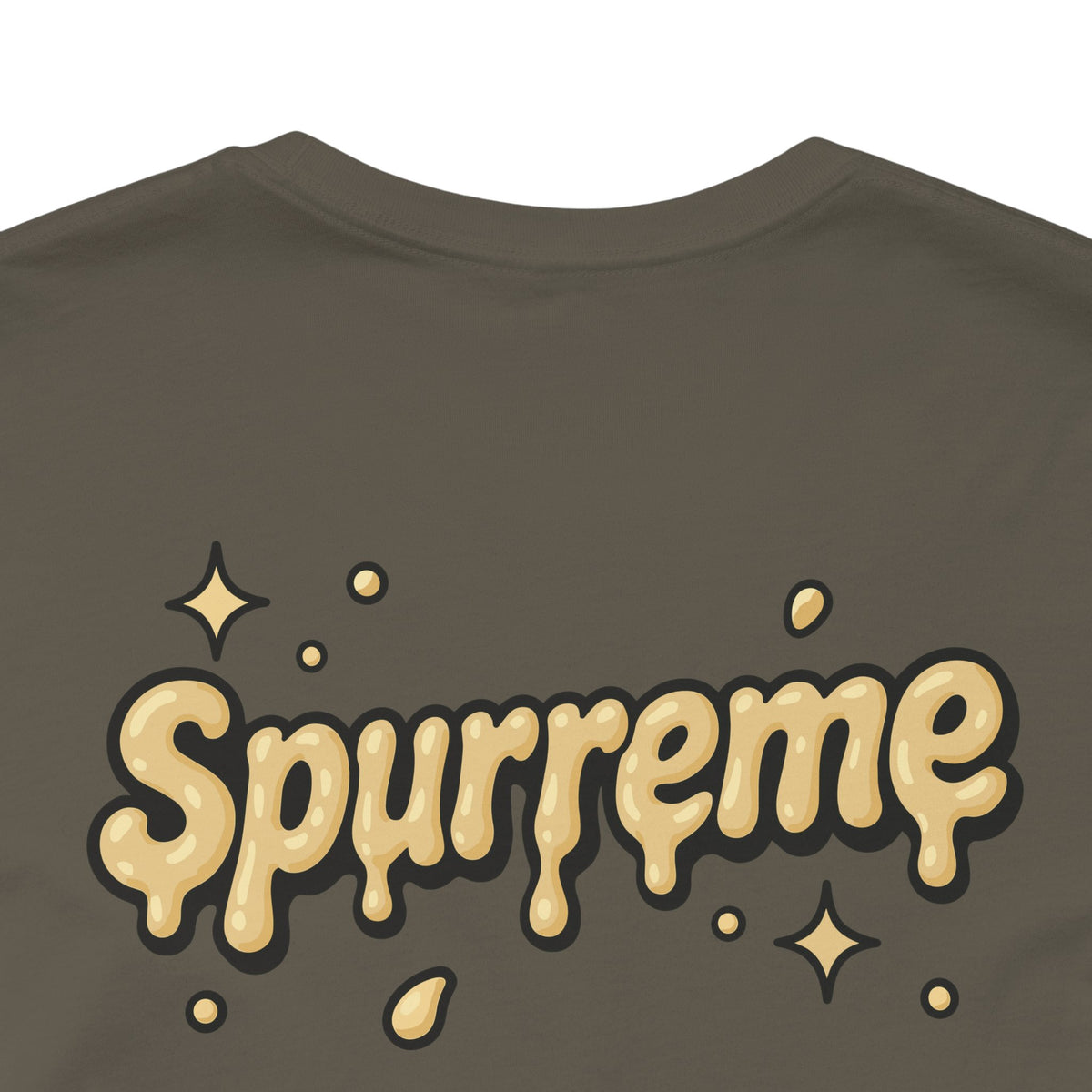 Spurreme Cheddar Cat Drip Graphic T-Shirt in army, close-up of the back print