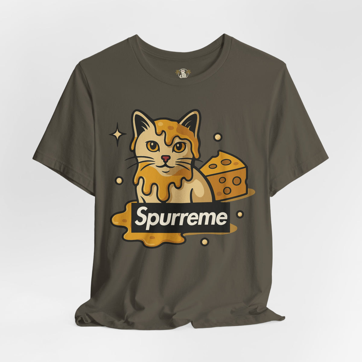 Spurreme Cheddar Cat Drip Graphic T-Shirt in army, front view