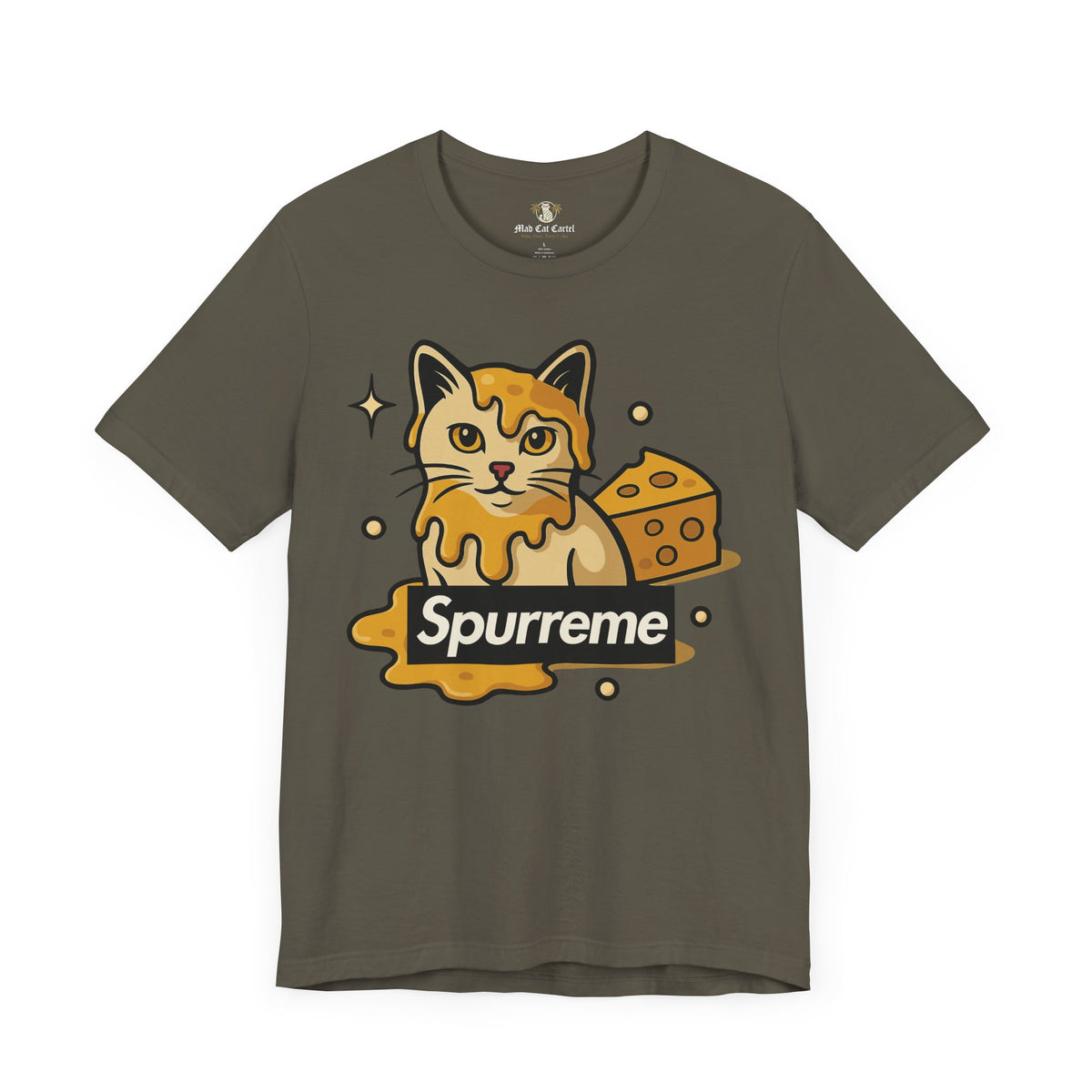 Spurreme Cheddar Cat Drip Graphic T-Shirt in army, front view