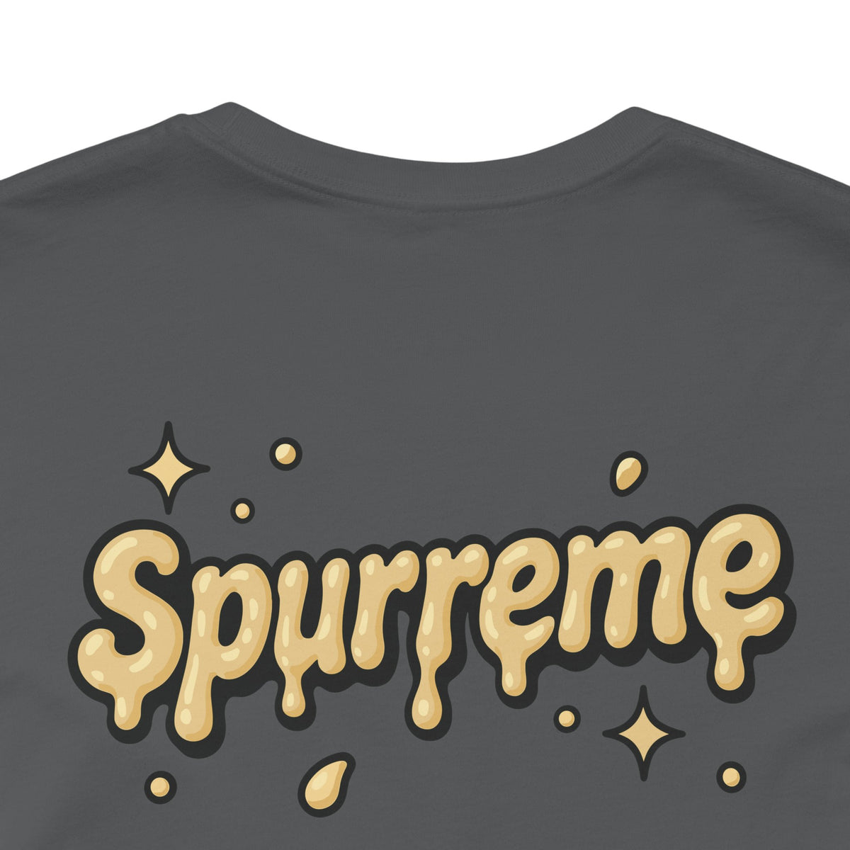 Spurreme Cheddar Cat Drip Graphic T-Shirt in asphalt, close-up of the back print