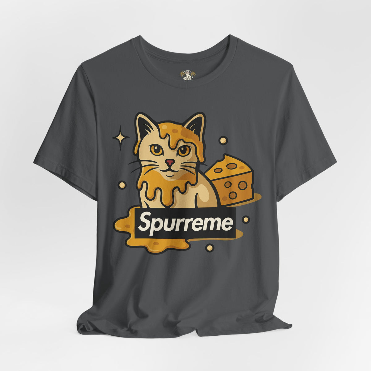 Spurreme Cheddar Cat Drip Graphic T-Shirt in asphalt, front view