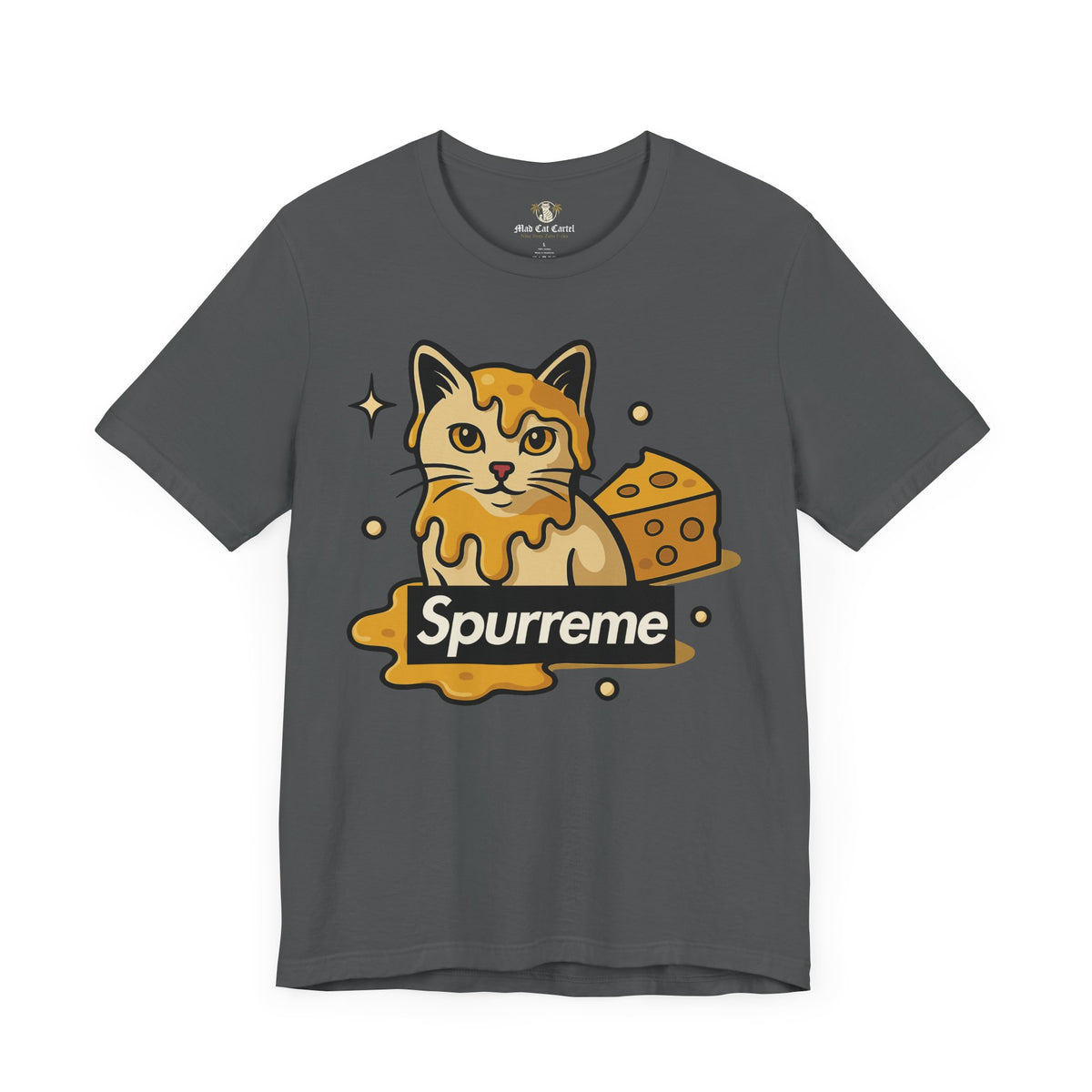 Spurreme Cheddar Cat Drip Graphic T-Shirt in asphalt, front view