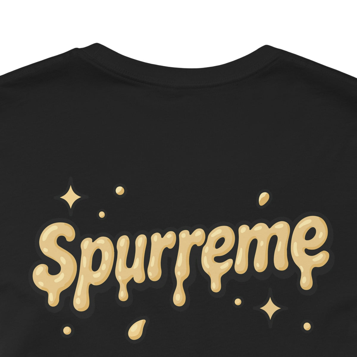 Spurreme Cheddar Cat Drip Graphic T-Shirt in black, close-up of the back print