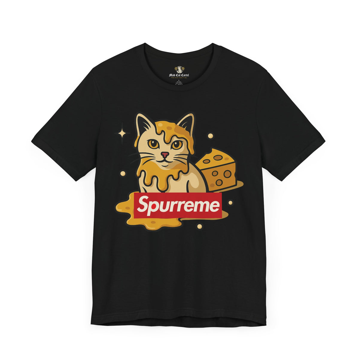 Spurreme Cheddar Cat Drip Graphic T-Shirt in black, flat lay