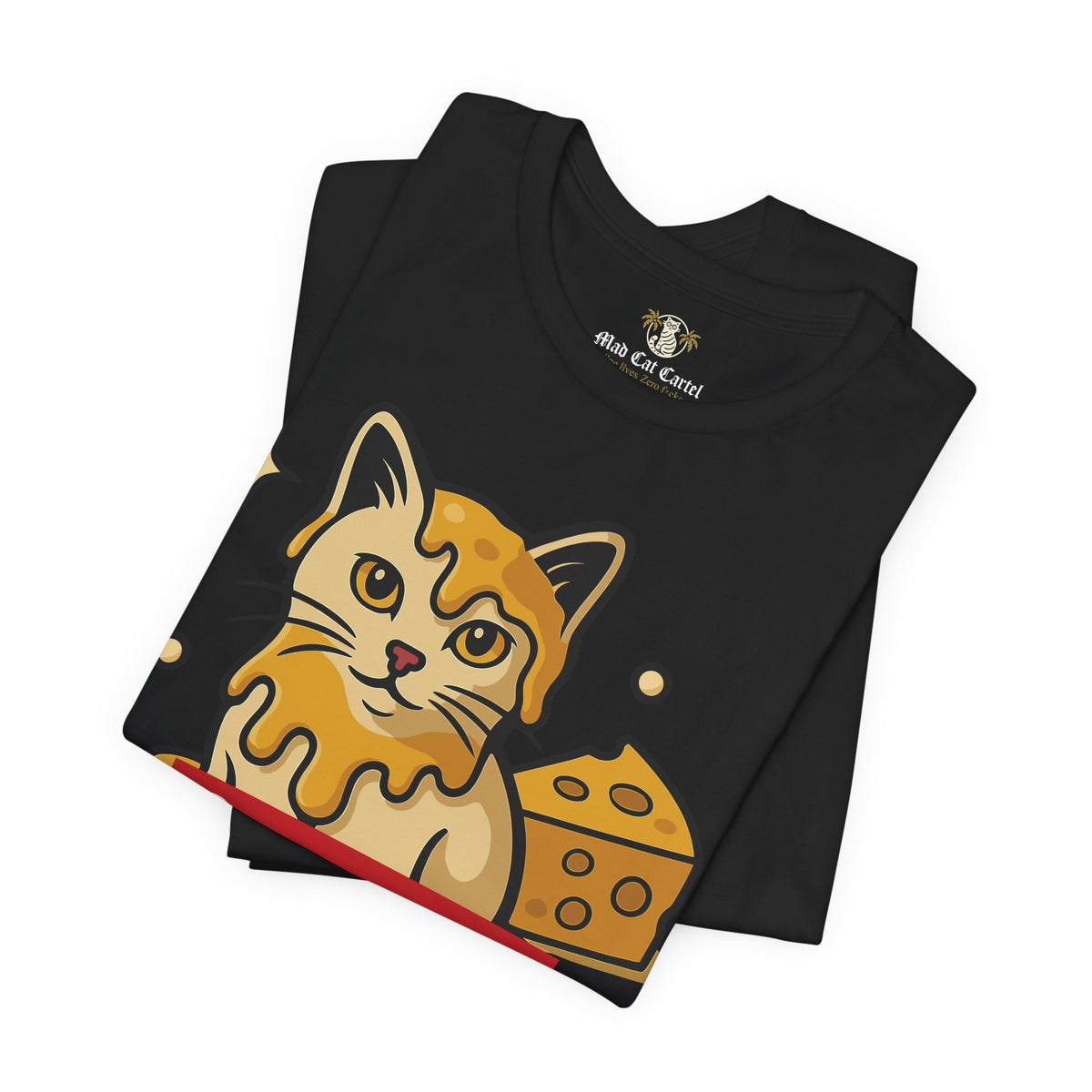 Spurreme Cheddar Cat Drip Graphic T-Shirt in black, folded