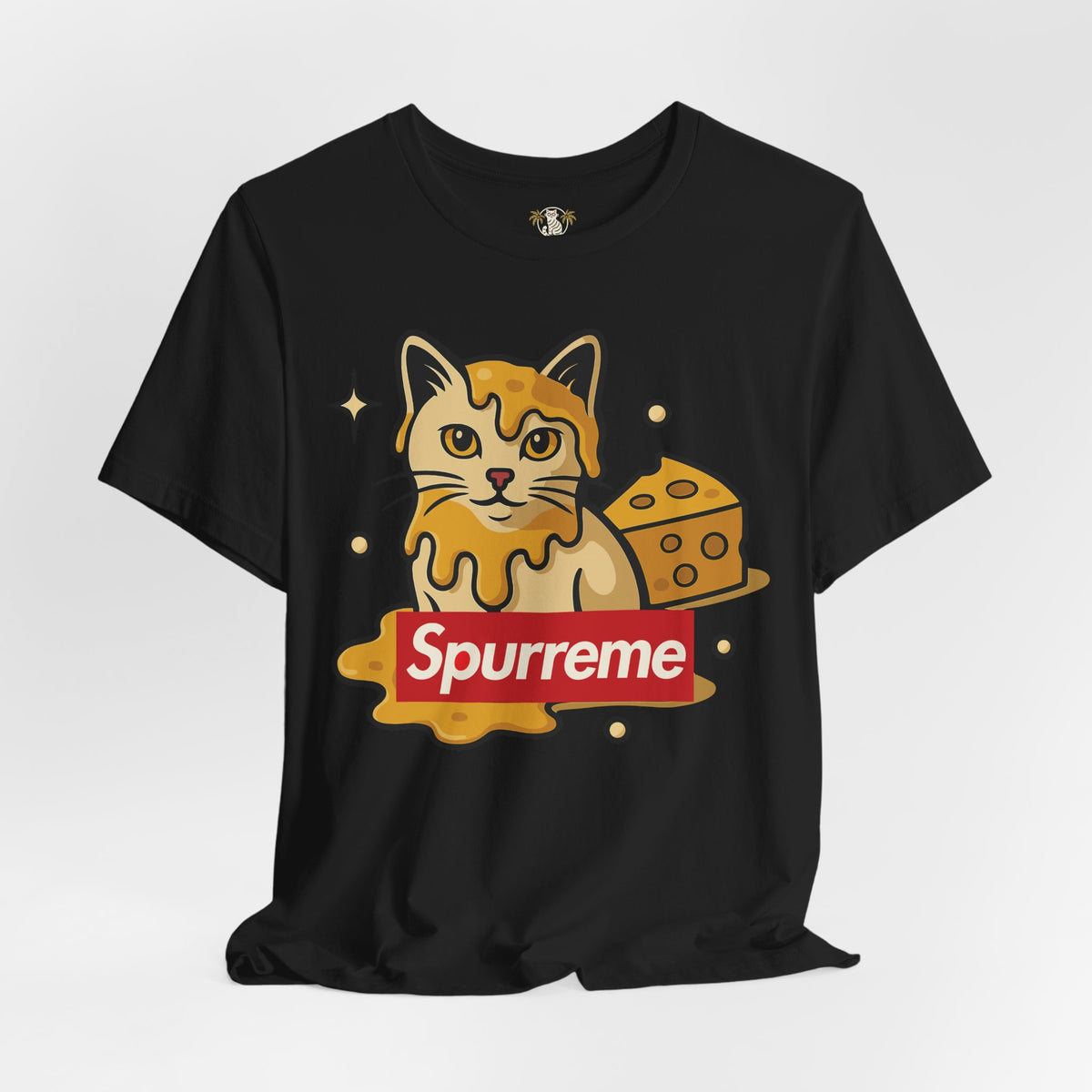 Spurreme Cheddar Cat Drip Graphic T-Shirt in black, front view