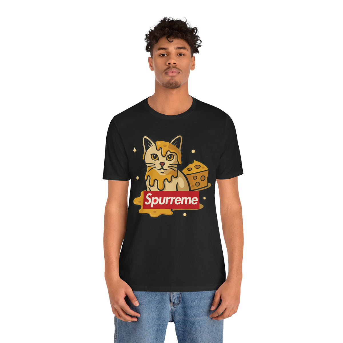 Spurreme Cheddar Cat Drip Graphic T-Shirt in black, worn by a male model