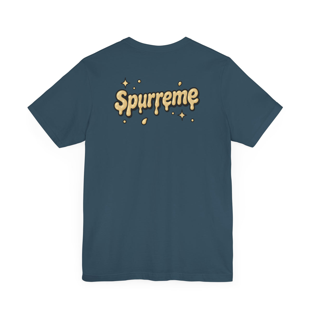 Spurreme Cheddar Cat Drip Graphic T-Shirt in deep teal, back view
