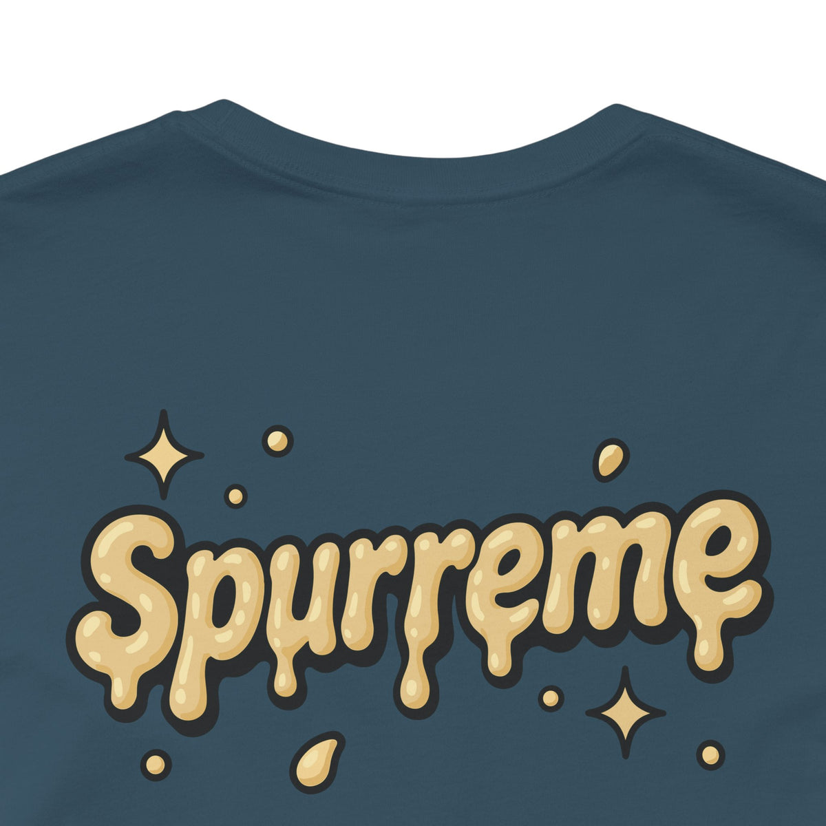 Spurreme Cheddar Cat Drip Graphic T-Shirt in deep teal, close-up of the back print