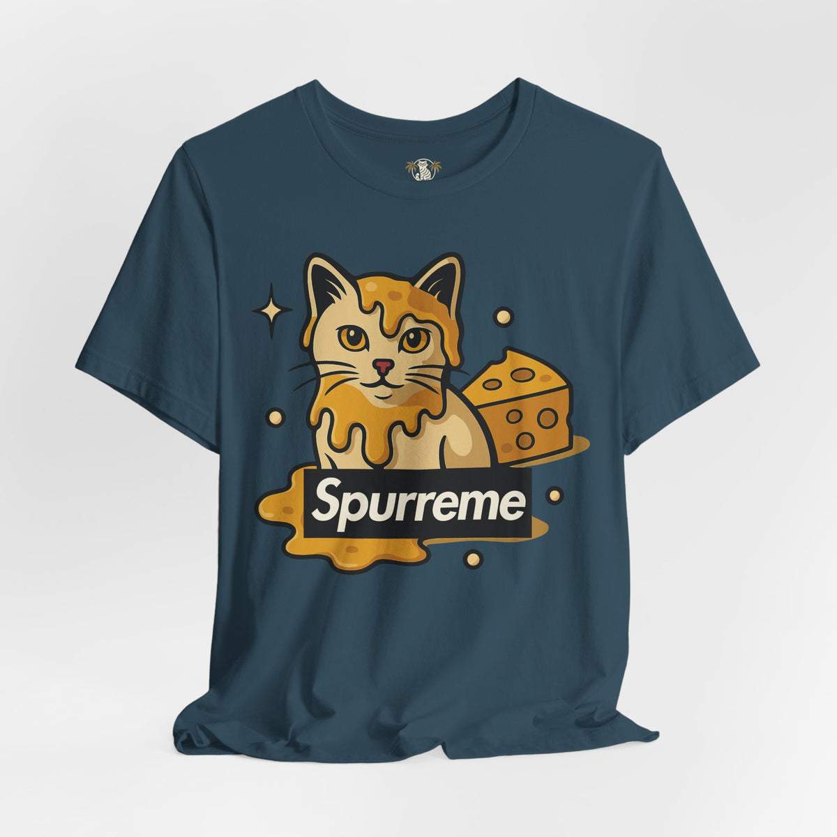 Spurreme Cheddar Cat Drip Graphic T-Shirt in deep teal, flat lay