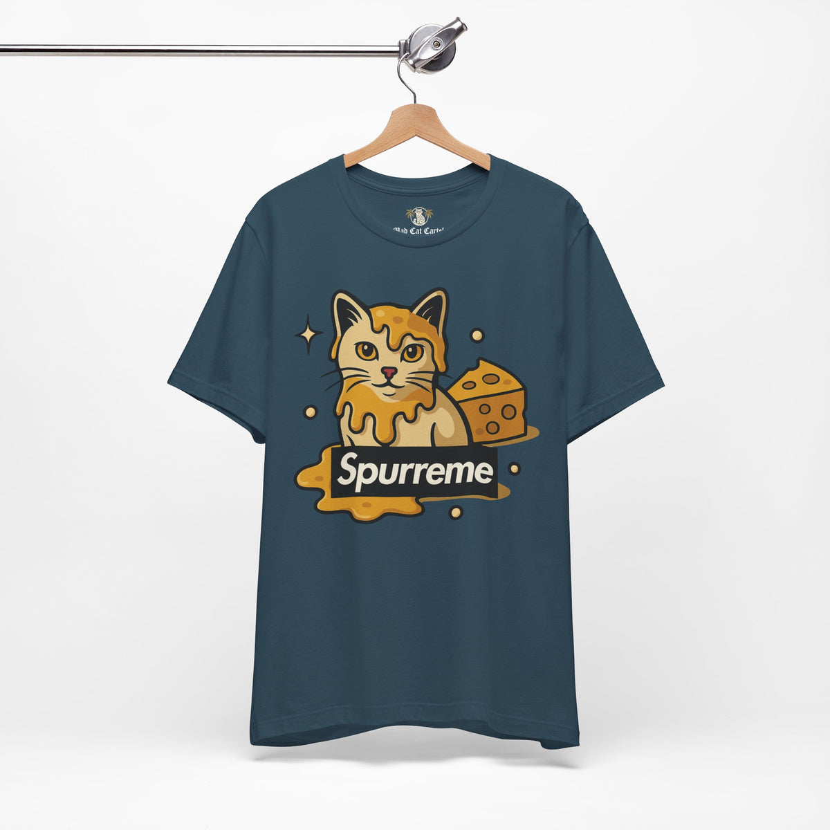 Spurreme Cheddar Cat Drip Graphic T-Shirt in deep teal, on a hanger