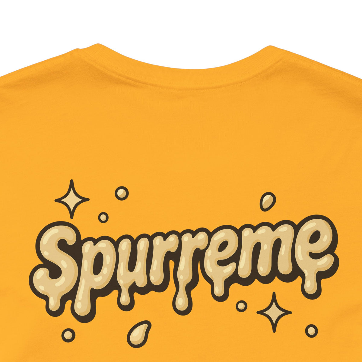 Spurreme Cheddar Cat Drip Graphic T-Shirt in gold, close-up detail