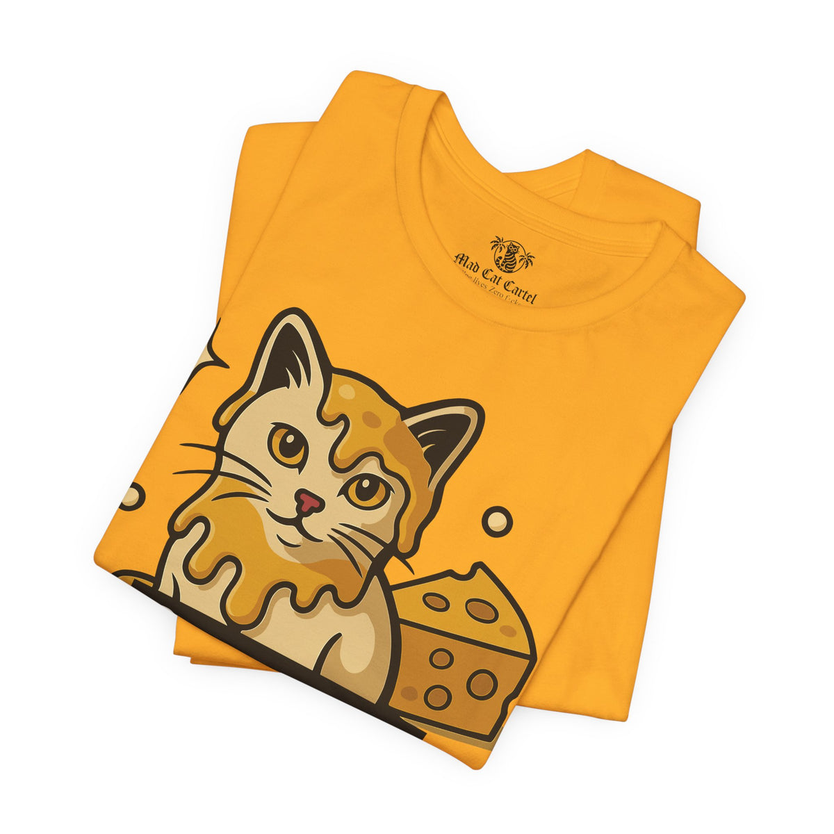 Spurreme Cheddar Cat Drip Graphic T-Shirt in gold, folded