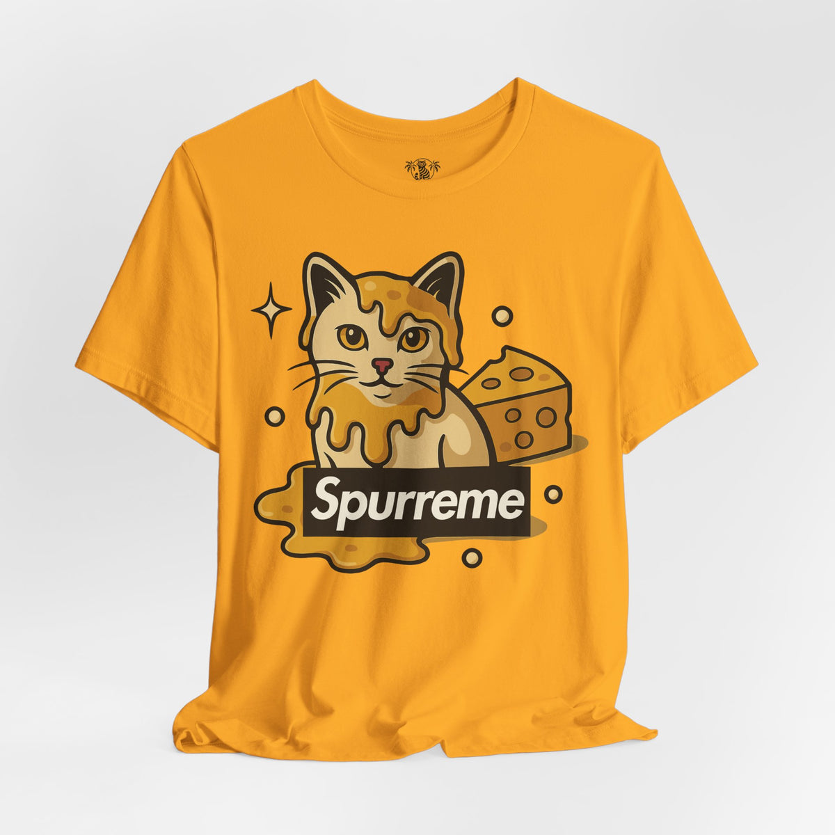 Spurreme Cheddar Cat Drip Graphic T-Shirt in gold, front view
