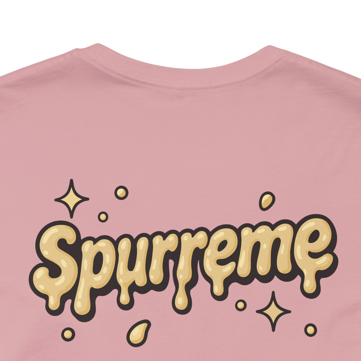 Spurreme Cheddar Cat Drip Graphic T-Shirt in orchid, close-up of the back print