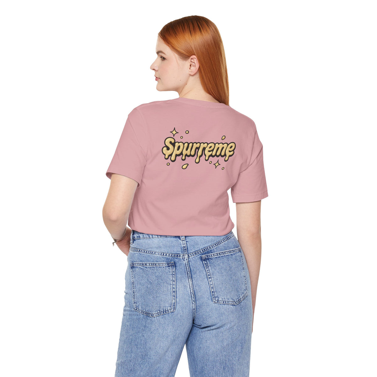 Spurreme Cheddar Cat Drip Graphic T-Shirt in orchid, back view on a female model