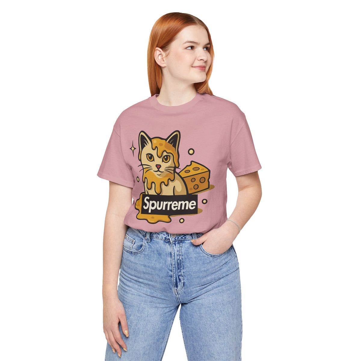 Spurreme Cheddar Cat Drip Graphic T-Shirt in orchid, worn by a female model