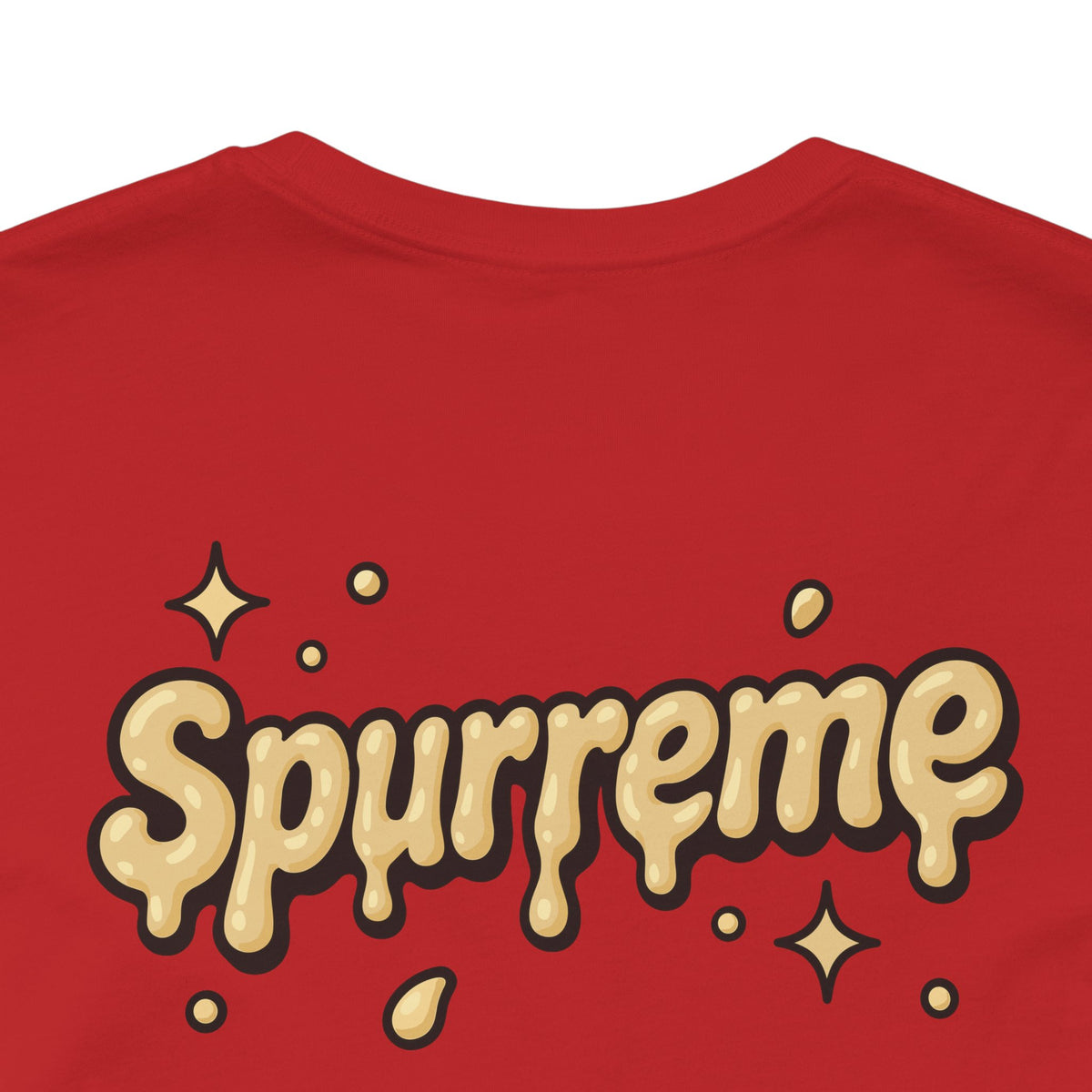 Spurreme Cheddar Cat Drip Graphic T-Shirt in red, close-up of the back print