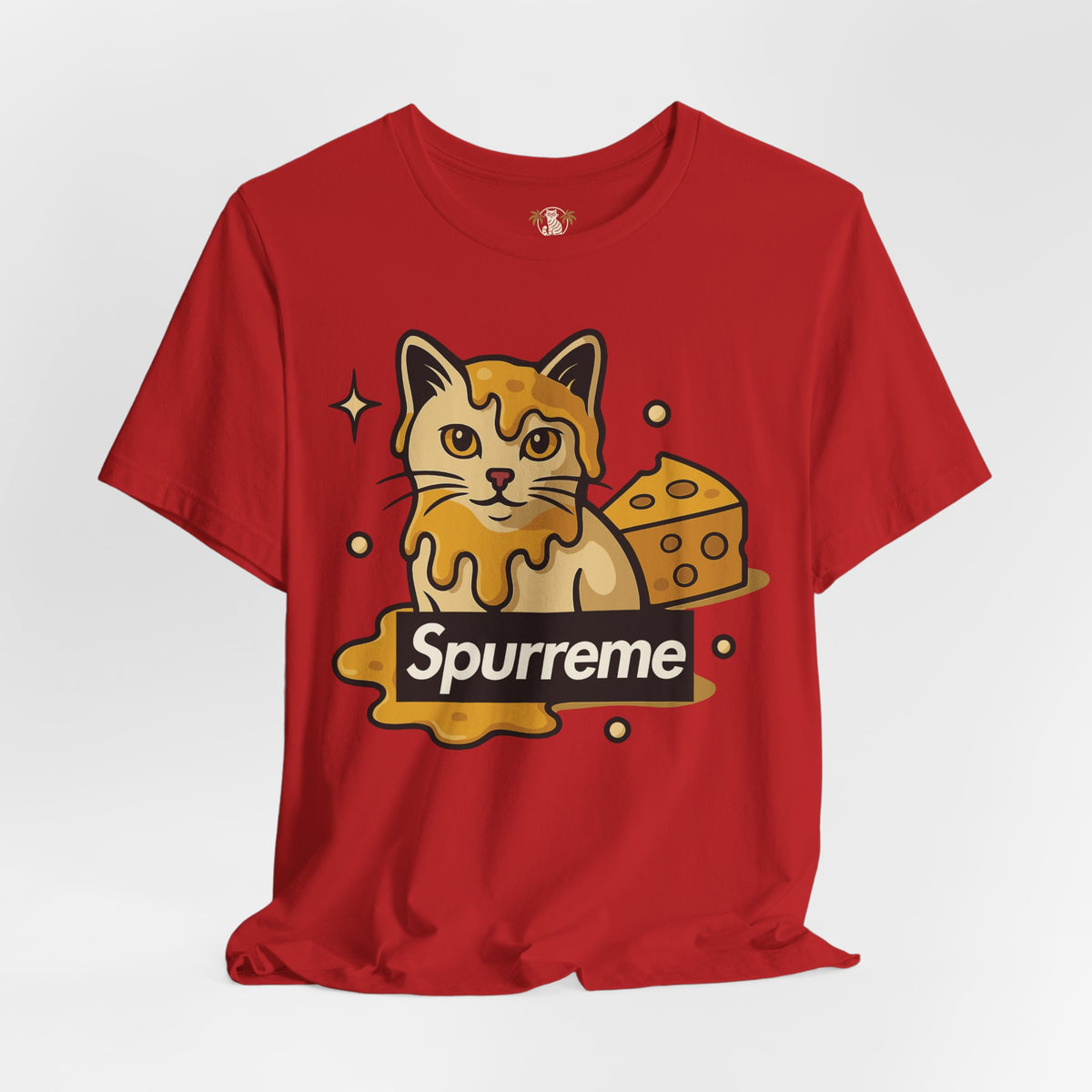 Spurreme Cheddar Cat Drip Graphic T-Shirt in red, flat lay