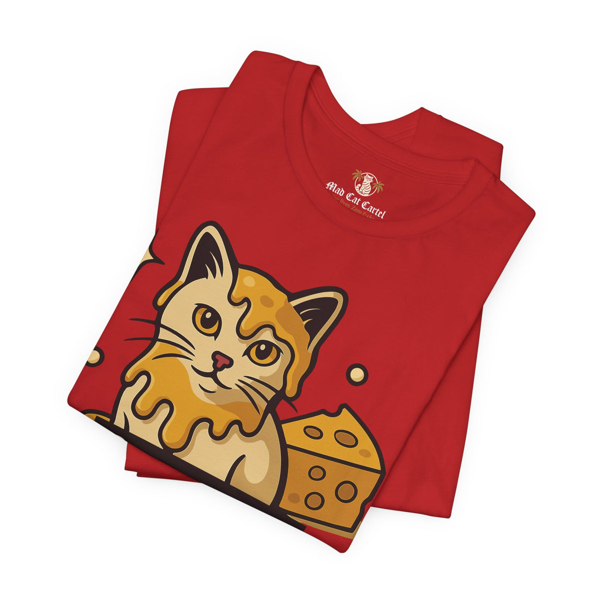Spurreme Cheddar Cat Drip Graphic T-Shirt in red, folded