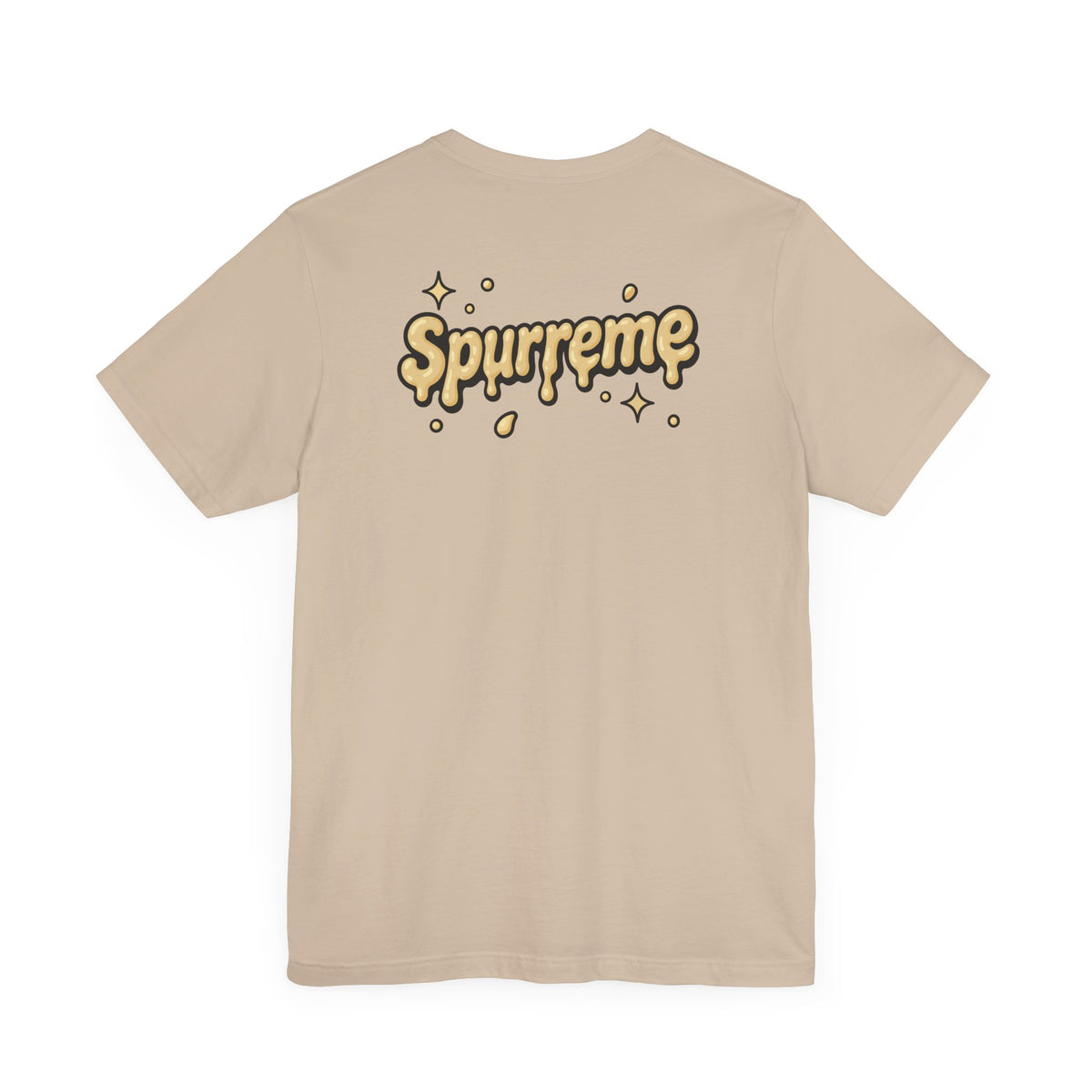 Spurreme Cheddar Cat Drip Graphic T-Shirt in tan, back view