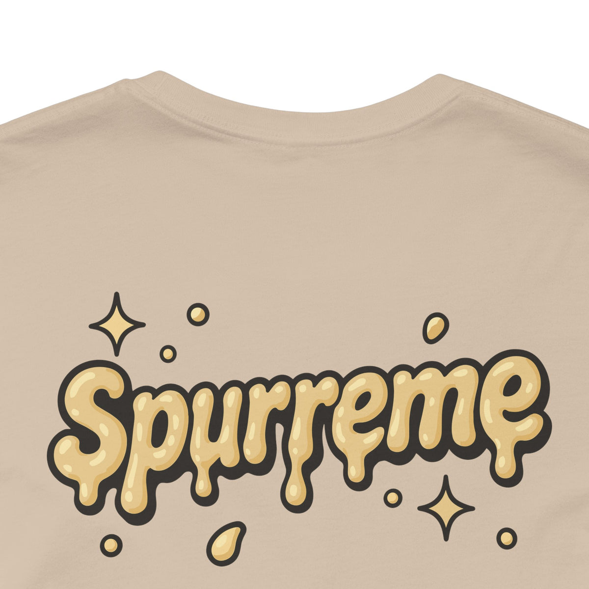 Spurreme Cheddar Cat Drip Graphic T-Shirt in tan, close-up of the back print