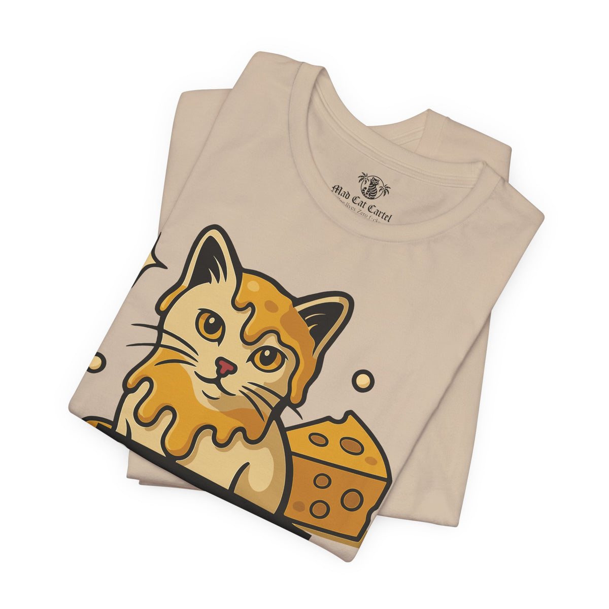 Spurreme Cheddar Cat Drip Graphic T-Shirt in tan, folded