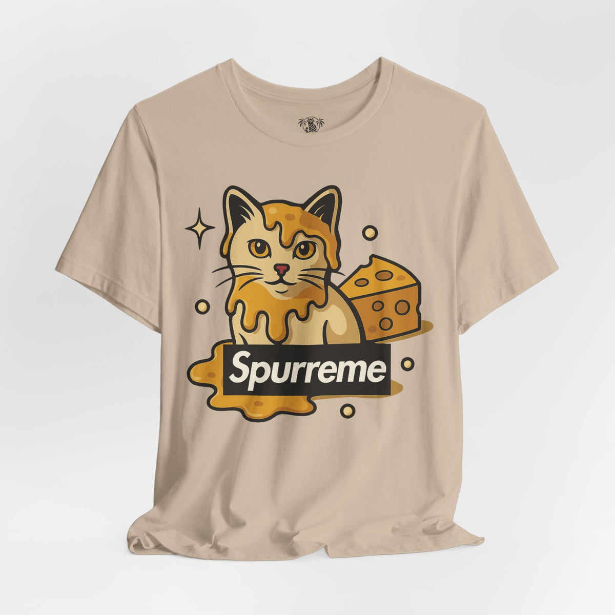 Spurreme Cheddar Cat Drip Graphic T-Shirt in tan, front view