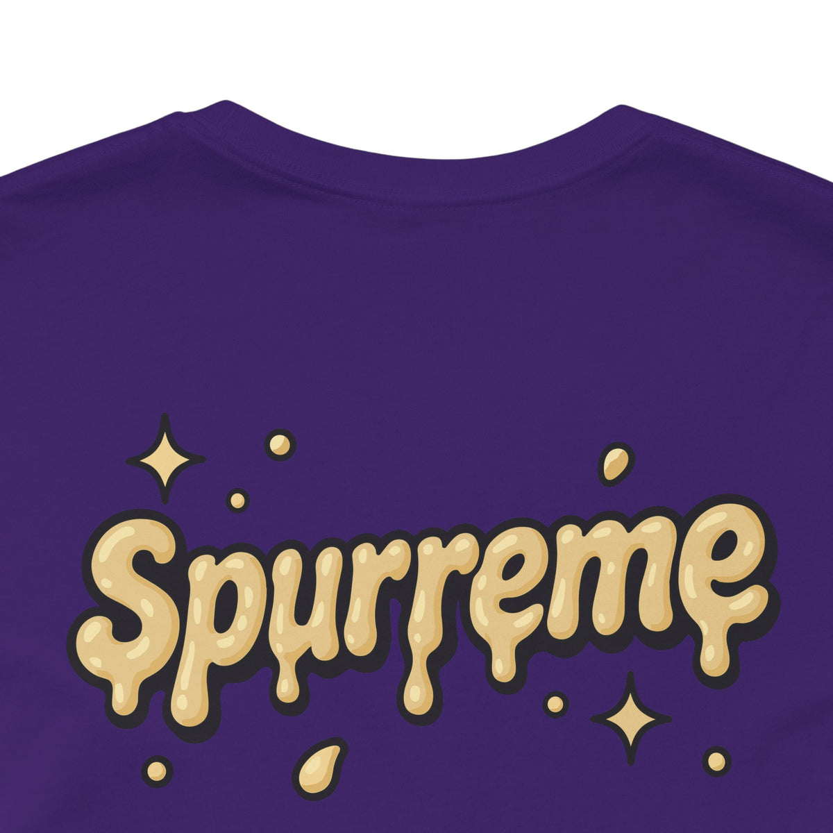 Spurreme Cheddar Cat Drip Graphic T-Shirt in team purple, close-up of the back print