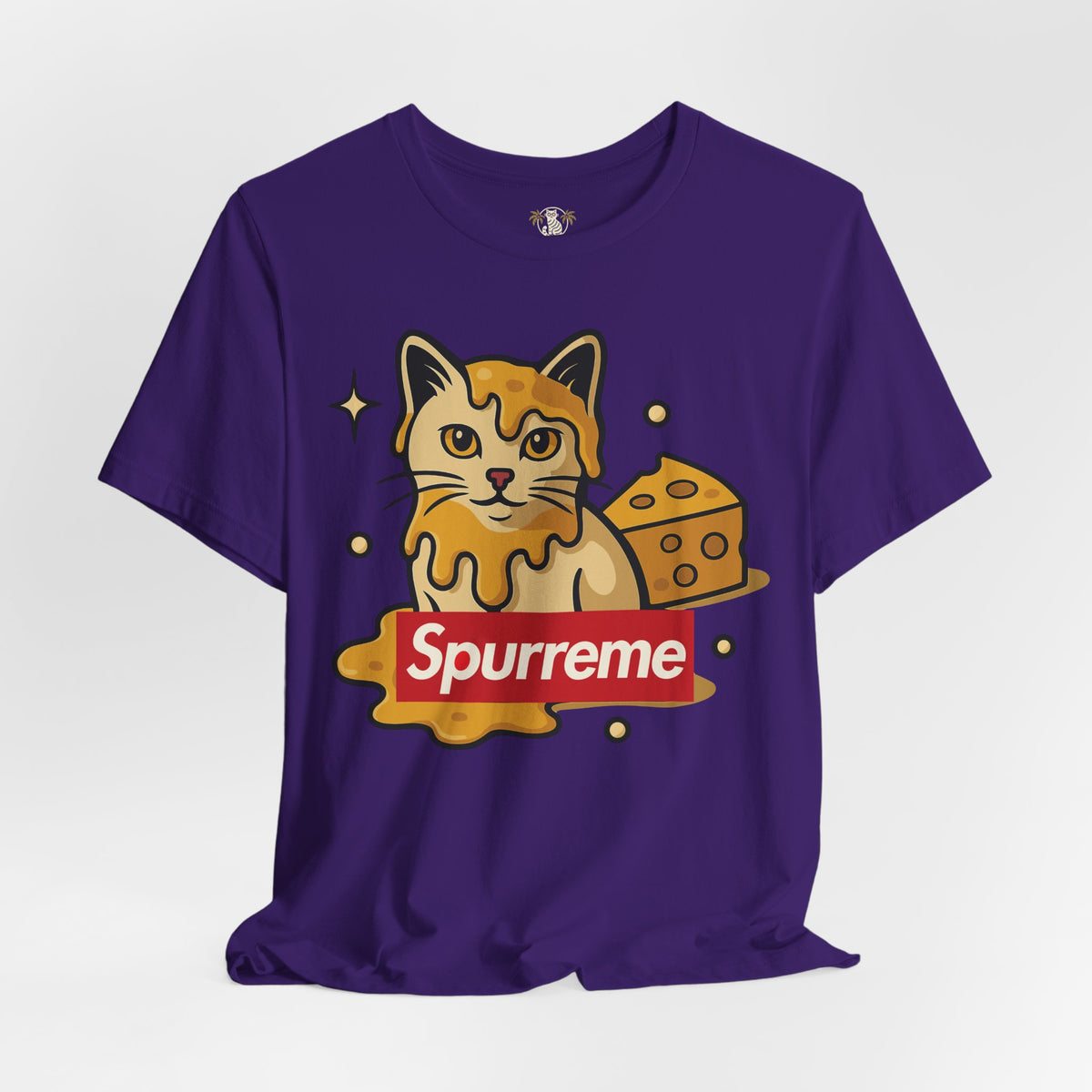 Spurreme Cheddar Cat Drip Graphic T-Shirt in team purple, front view