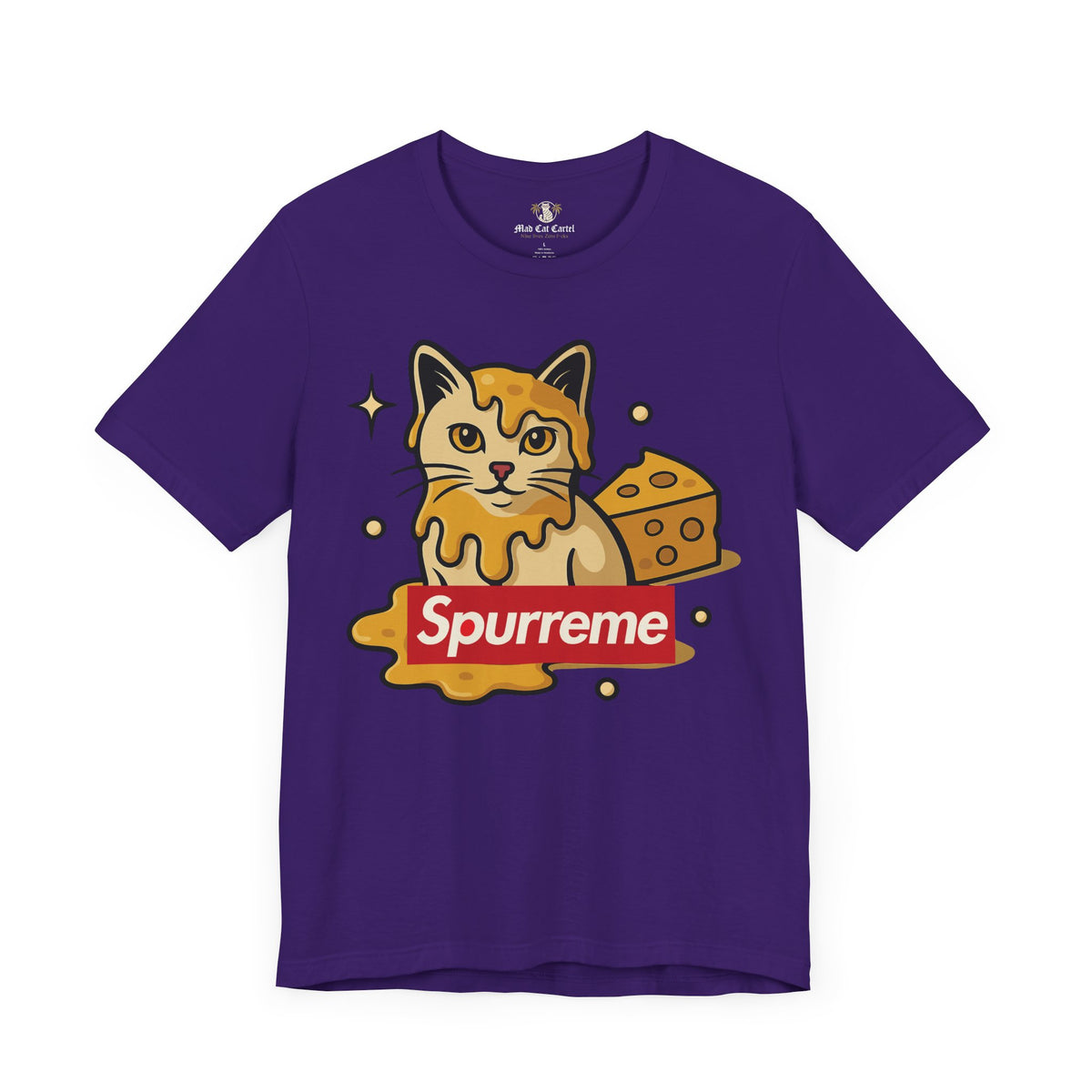 Spurreme Cheddar Cat Drip Graphic T-Shirt in team purple, front view