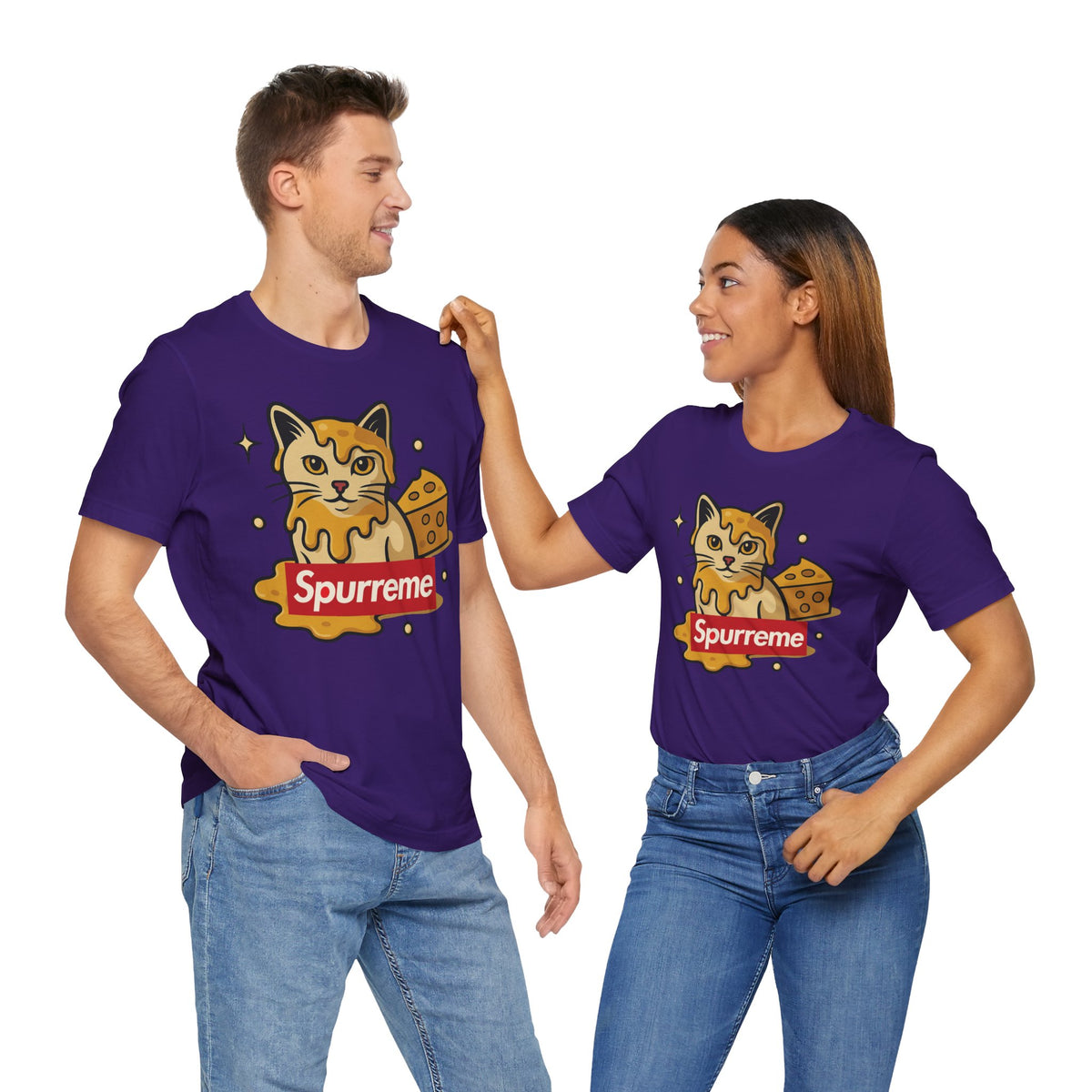 Spurreme Cheddar Cat Drip Graphic T-Shirt in team purple, worn by two models