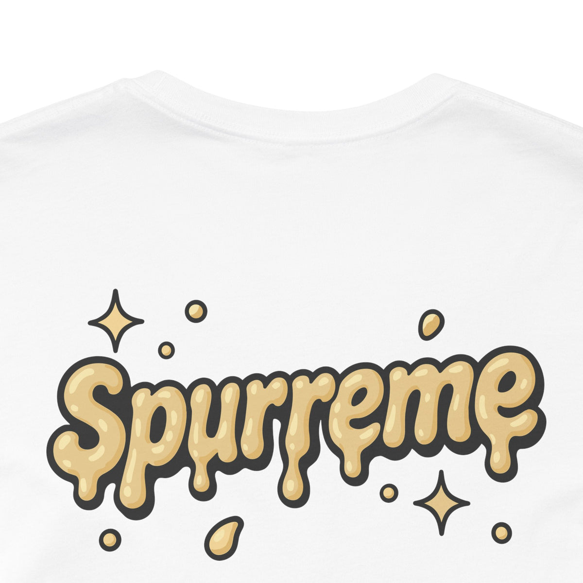 Spurreme Cheddar Cat Drip Graphic T-Shirt in white, close-up of the back print