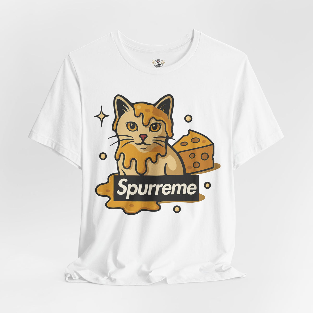 Spurreme Cheddar Cat Drip Graphic T-Shirt in white, flat lay