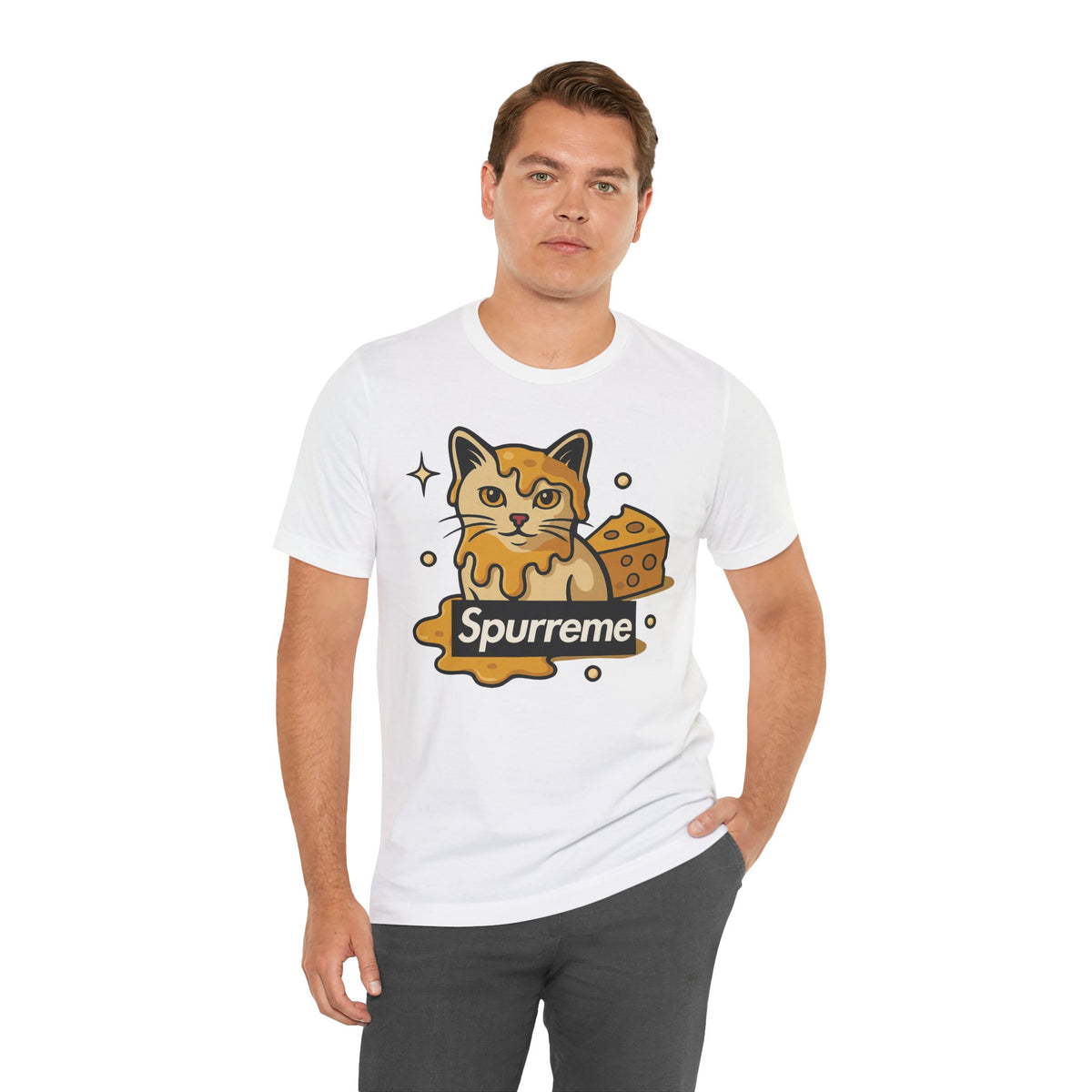 Spurreme Cheddar Cat Drip Graphic T-Shirt in white, worn by a male model