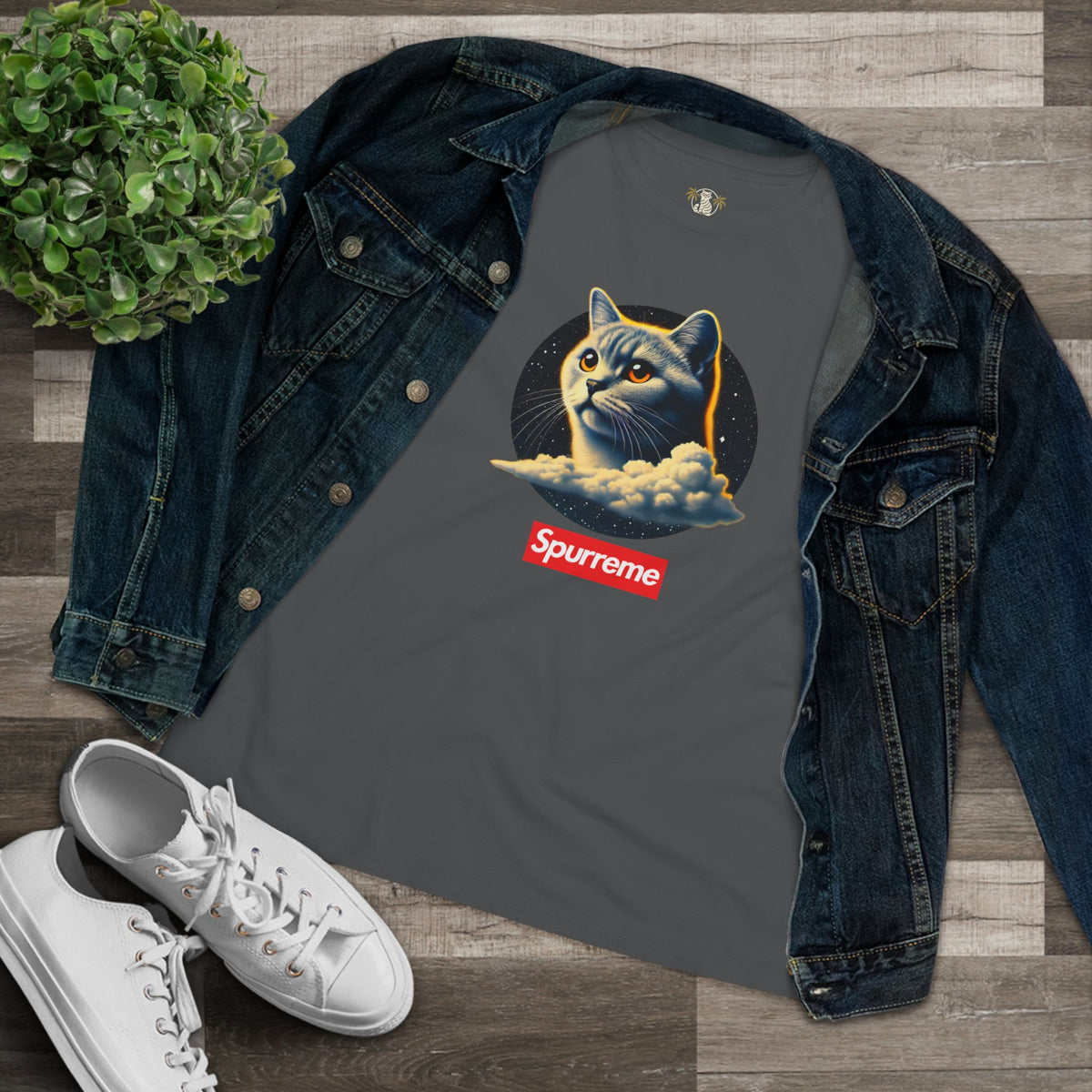 Spurreme Cosmic Cloud Cat Graphic Women's T-Shirt in asphalt, flat lay