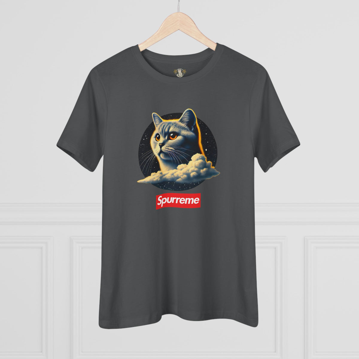 Spurreme Cosmic Cloud Cat Graphic Women's T-Shirt in asphalt, on a hanger
