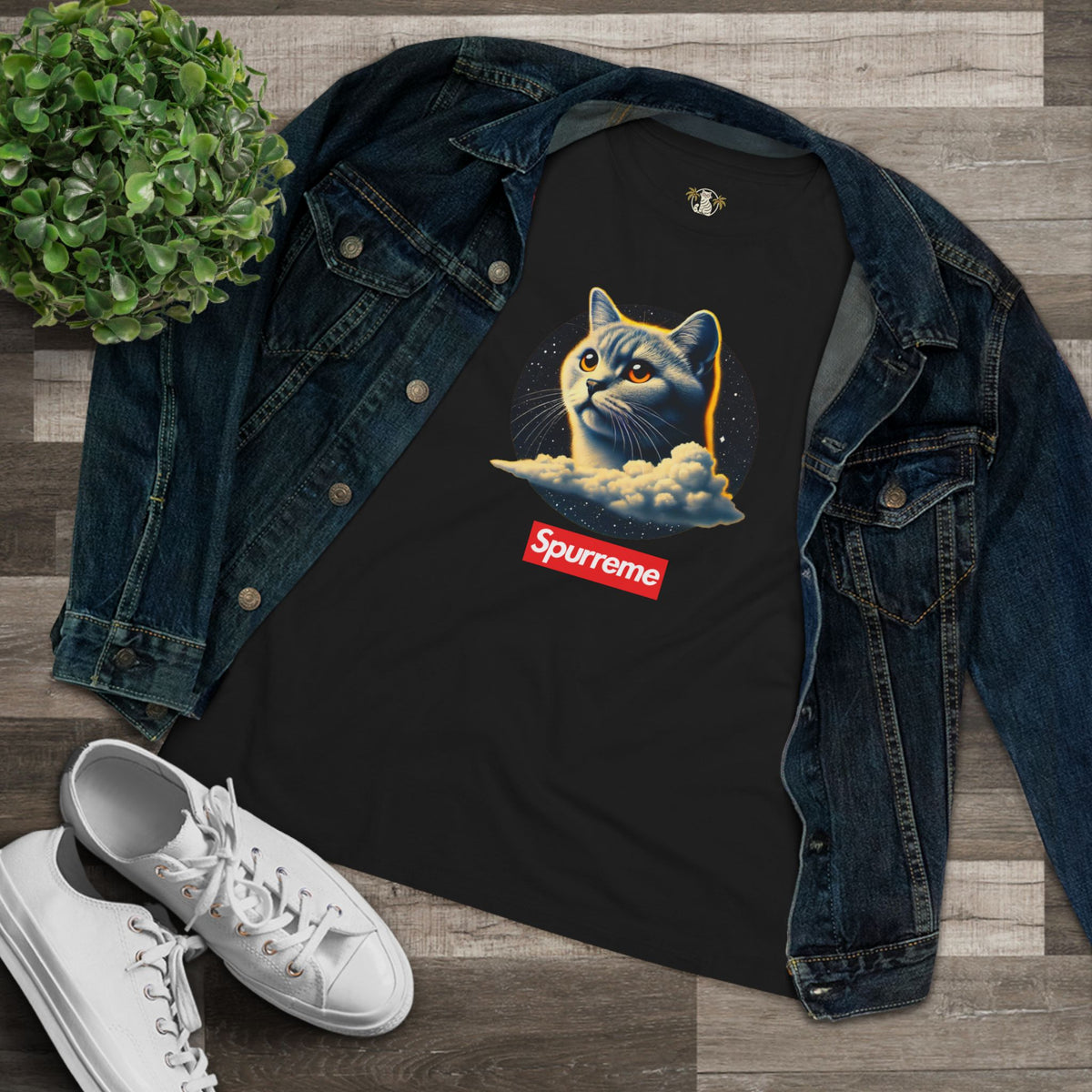 Spurreme Cosmic Cloud Cat Graphic Women's T-Shirt in black, flat lay