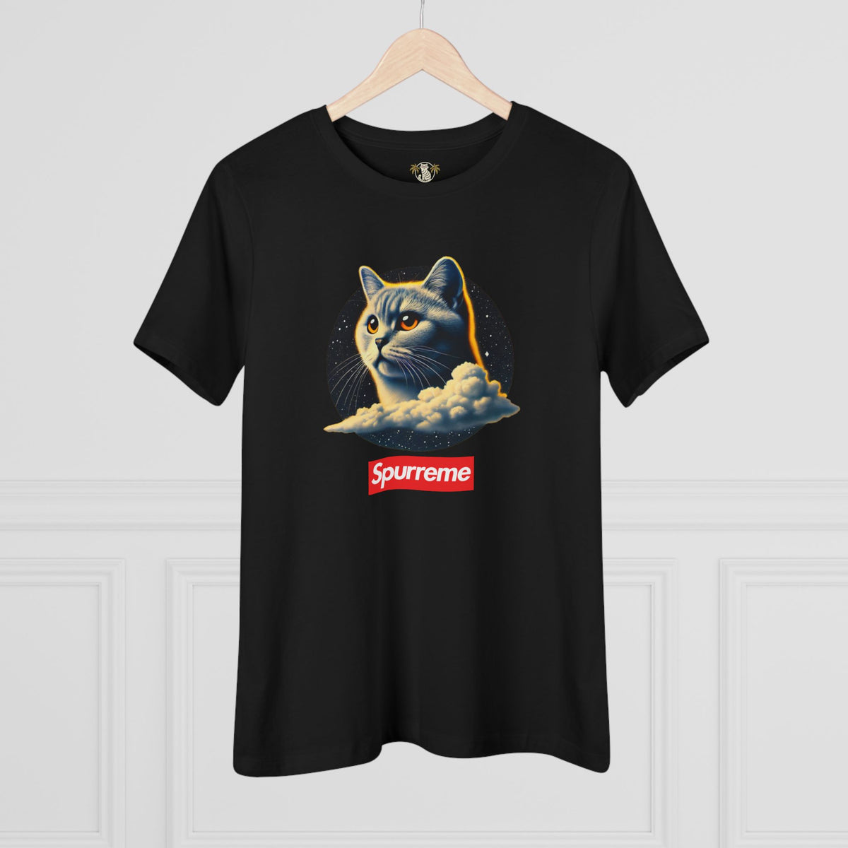 Spurreme Cosmic Cloud Cat Graphic Women's T-Shirt in black, on a hanger