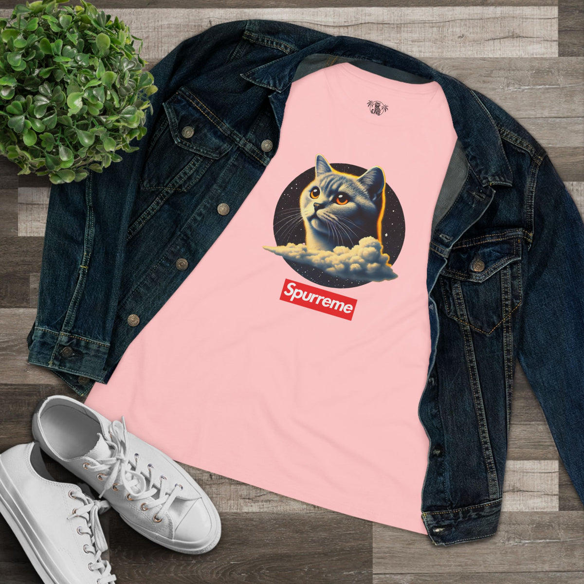 Spurreme Cosmic Cloud Cat Graphic Women's T-Shirt in pink, flat lay